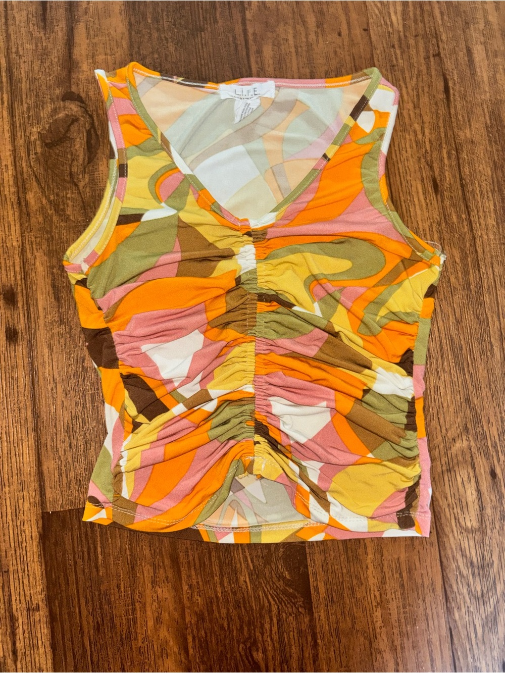 Printed Ruched V-Neck Tank Top in Orange & Pink Swirl
